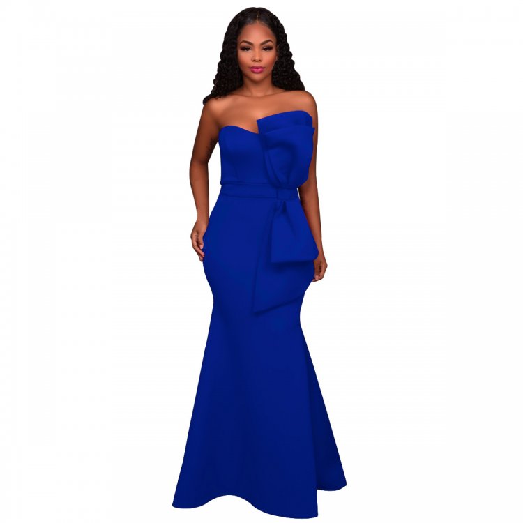 Blue Oversized Bow Applique Evening Party Gown