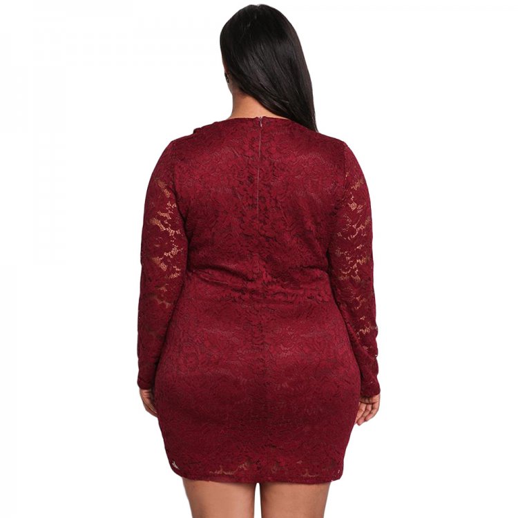 Burgundy Plus Size Lace Faux Wrap Ruffle Dress