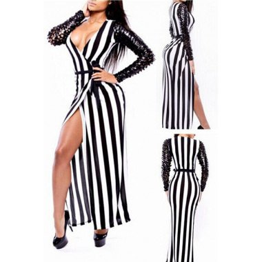 Sexy Jail Bait Striped Patchwork Maxi Club Dress