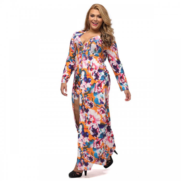 Plus Size Sleeved Floral Romper Maxi Dress