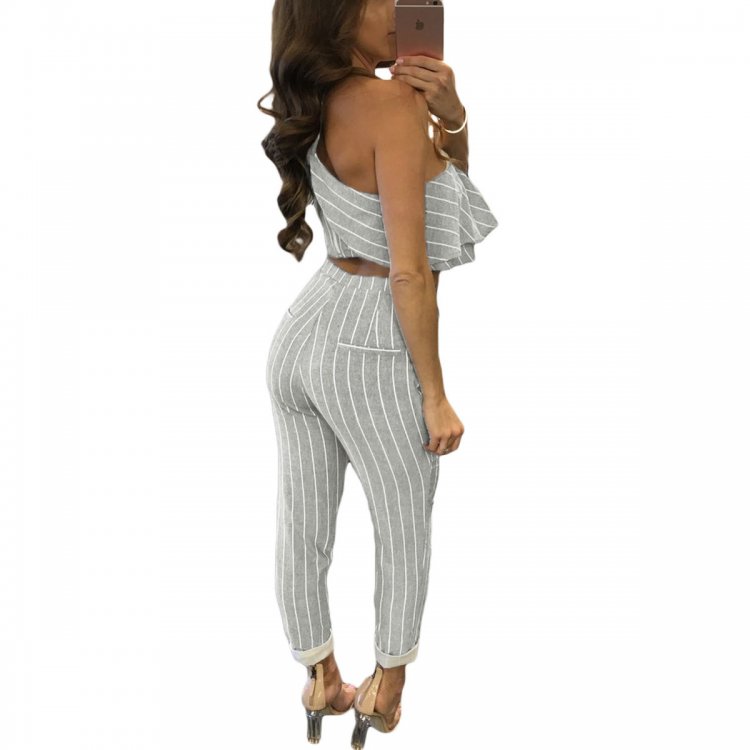 Grey Striped Ruffle Top and Pant Set