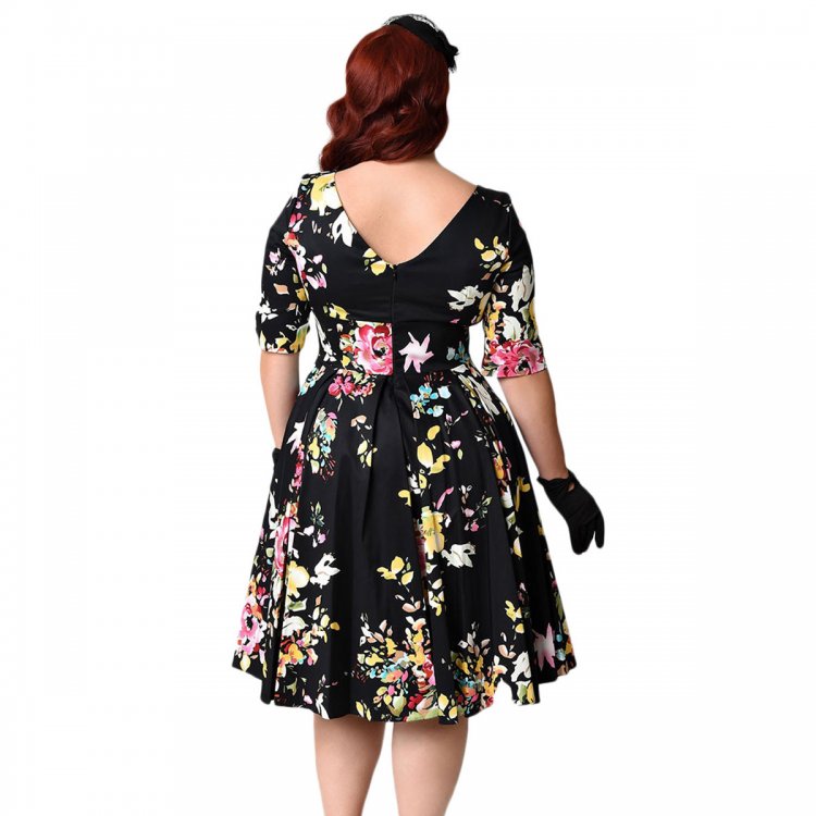 Black Vintage Style Floral Half Sleeve Swing Dress
