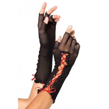 Black Red Lace up Fishnet Fingerless Gloves