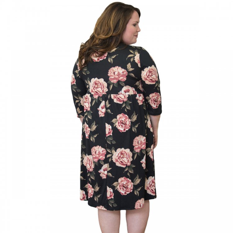 Black Floral Printing Plus Size Dress