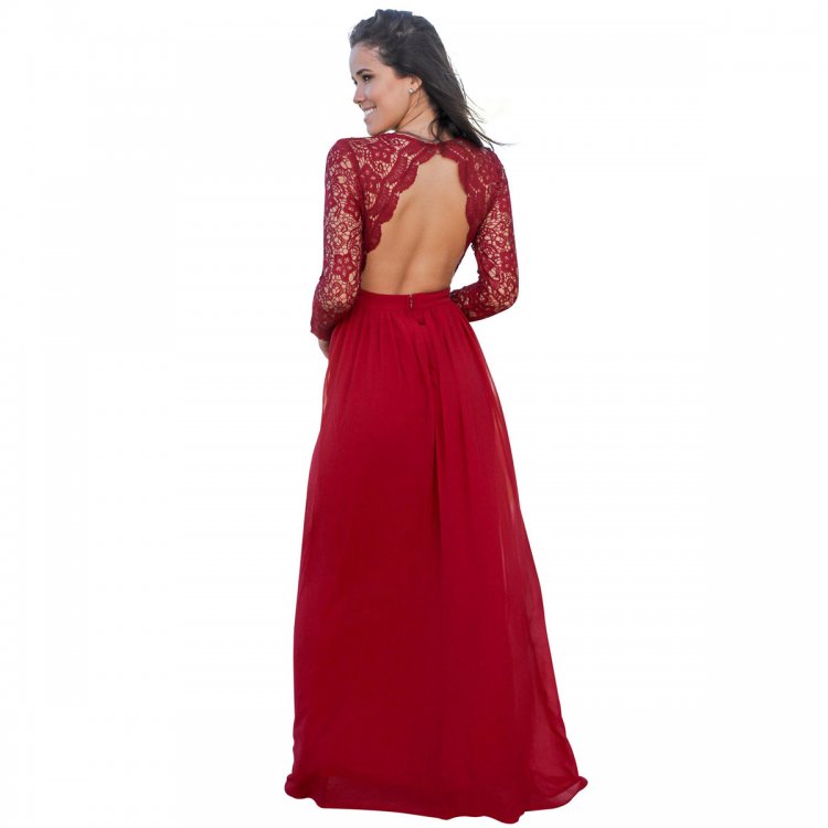 Red Open Back Long Sleeve Crochet Maxi Party Dress