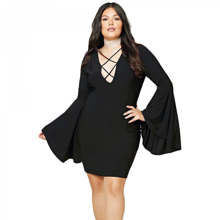 Plus Size Caged Flare Sleeves Dress