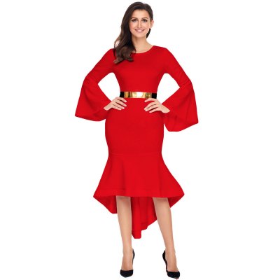 Red Bell Sleeve Dip Hem Belted Dress