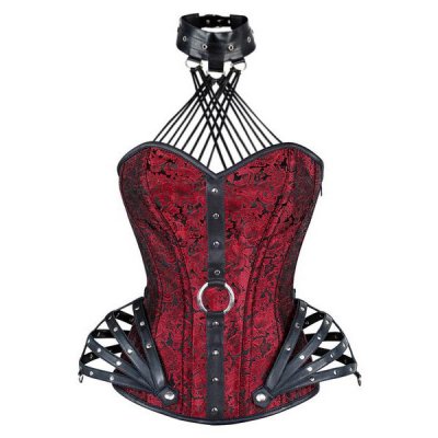 Red Gothic Steel Boned Overbust Corset with Neck Gear