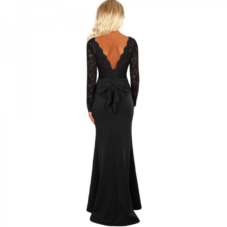 Black Lace Long Sleeve Bow Back Maxi Dress