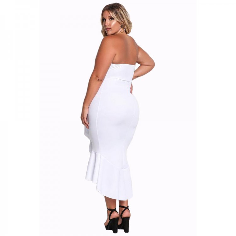 White Plus Size Strapless Cascading Ruffle Hi-Lo Dress