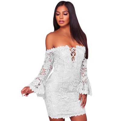 White Crochet Overlay Off The Shoulder Fitted Mini Dress