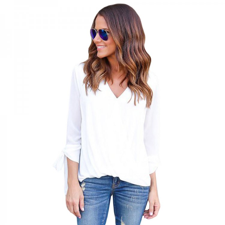 White Womens V Neck Ruched Tie Sleeve Top
