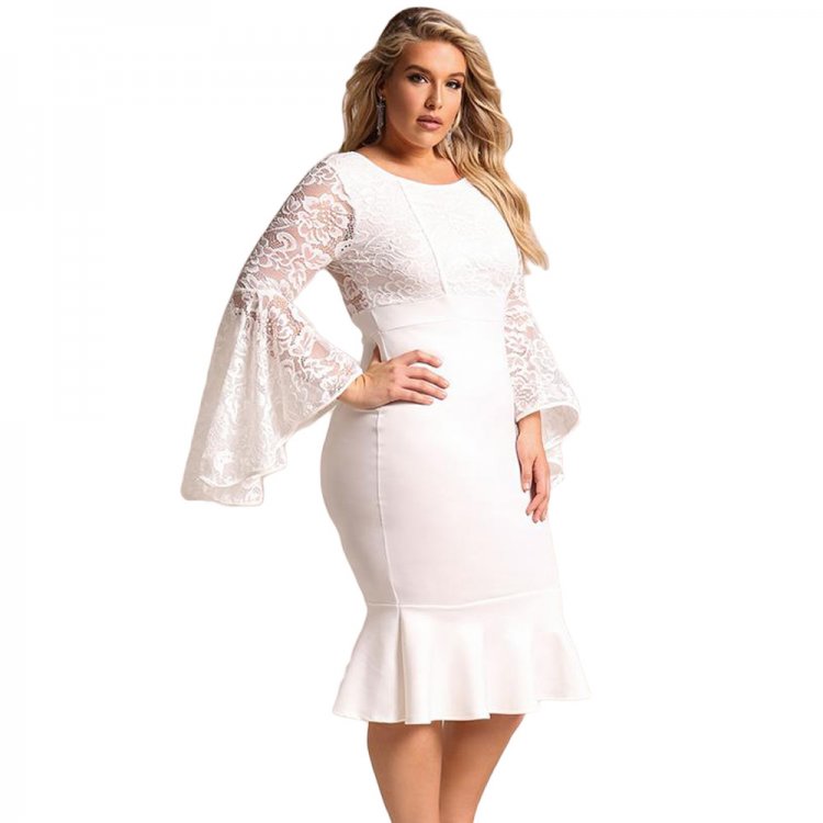 White Plus Size Lace Bell Sleeve Mermaid Bodycon Dress