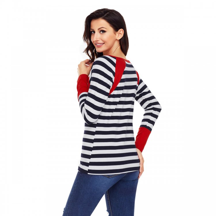 Red Splice Accent Navy White Striped Long Sleeve Shirt