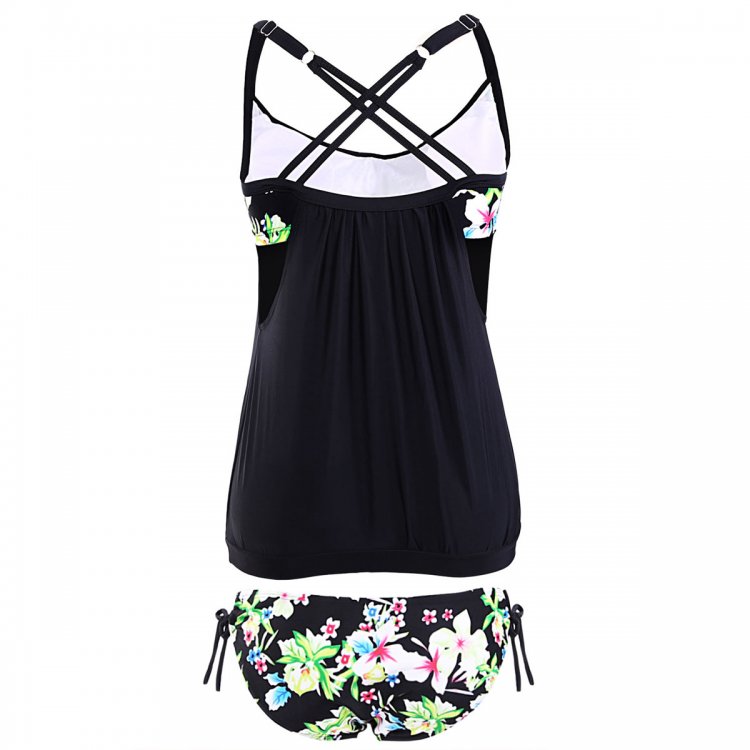 Black Layered-Style Floral Tankini with Triangular Briefs