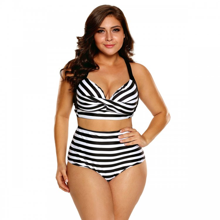 Striped Print Curvy High Waist Bikini Swimsuit