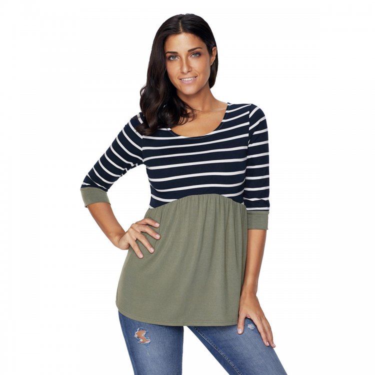Striped Spliced Army Green Contrast 3/4 Sleeve Blouse