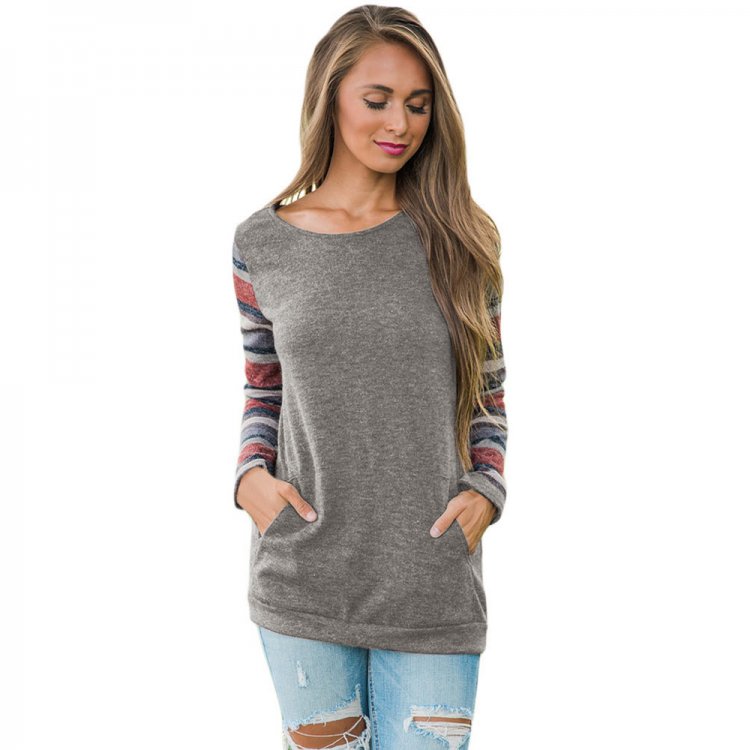 Multicolor Stripes Sleeve Pullover Taupe Sweatshirt
