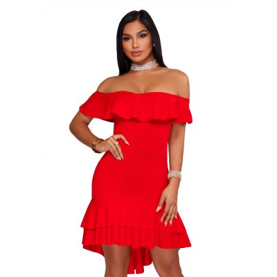 Red Off Shoulder Hi-Lo Hem Ruffle Party Dress