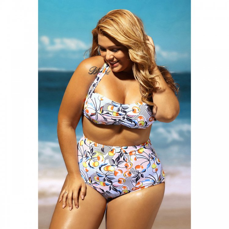 Cheery Print Ruched Top High Waist Plus Size Swimsuit