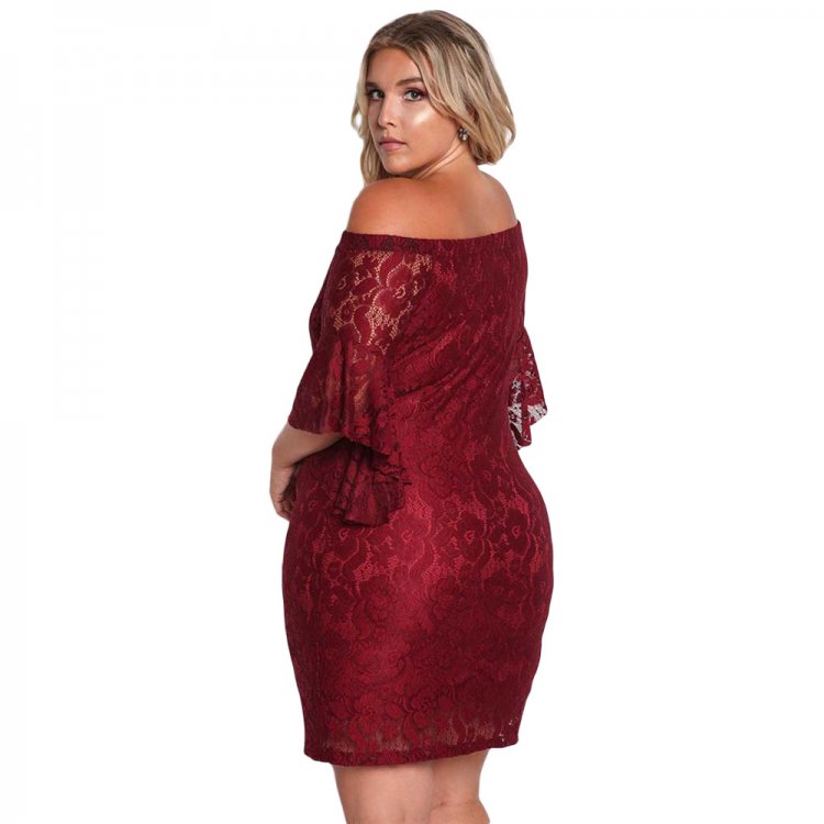 Burgundy Plus Size Off Shoulder Lace Bodycon Dress