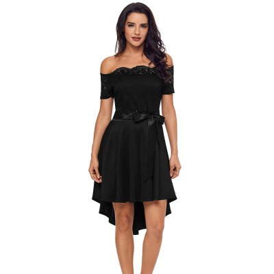 Black Lace Off Shoulder Dip Hem Prom Dress
