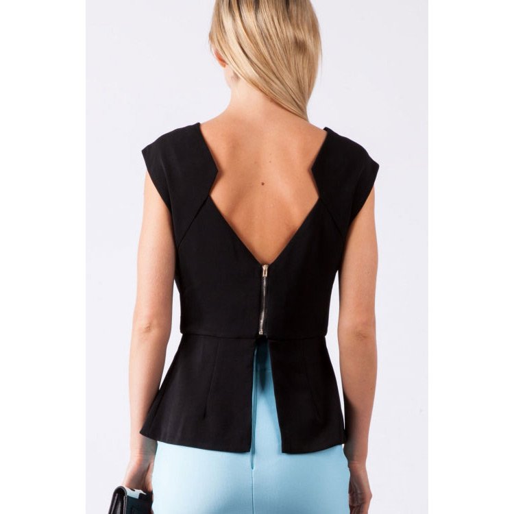 Womanly Black Zipped Back Top with Peplum Detail