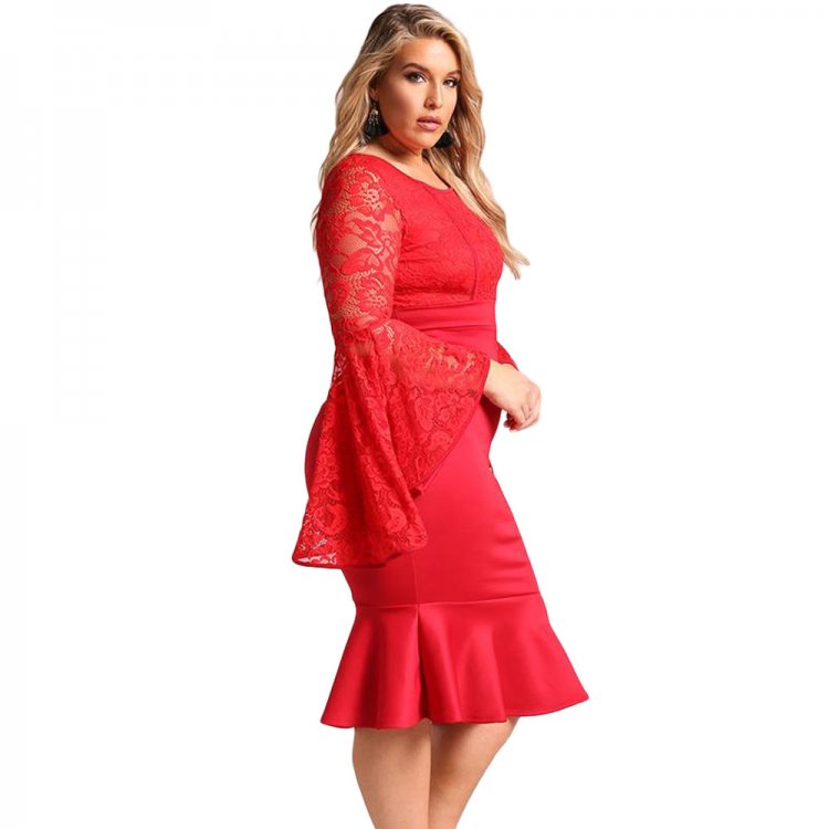 Red Plus Size Lace Bell Sleeve Mermaid Bodycon Dress