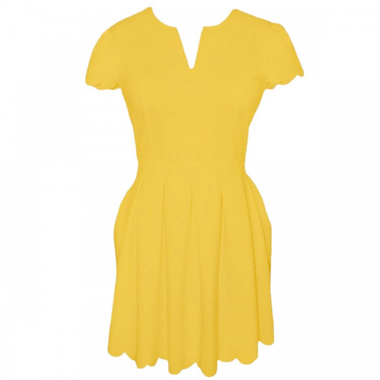 Yellow Sweet Scallop Pleated Skater Dress
