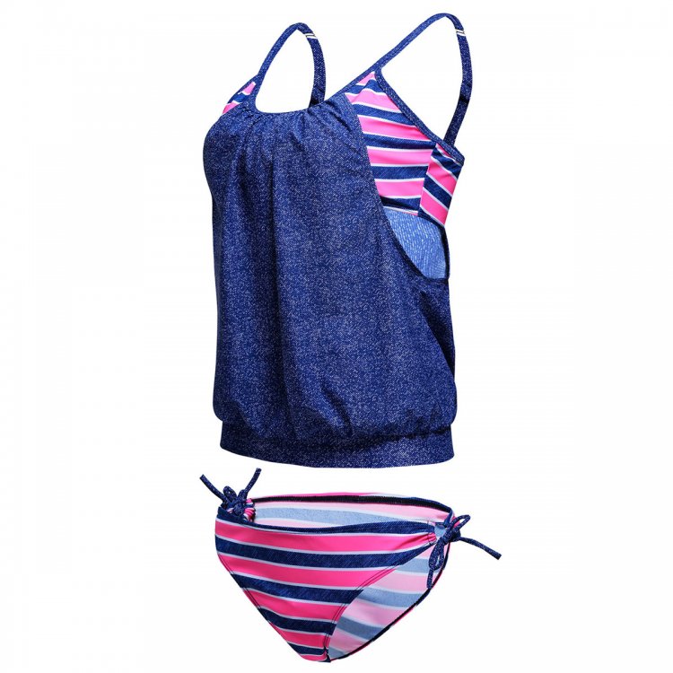Jeans Blue Layered-Style Striped Tankini with Triangular Briefs