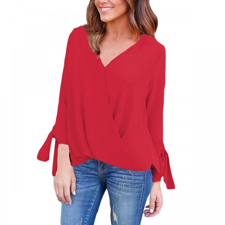 Red Womens V Neck Ruched Tie Sleeve Top