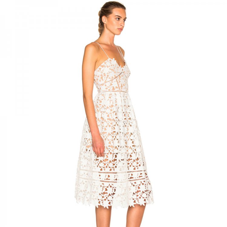 White Lace Hollow Out Nude Illusion Party Dress