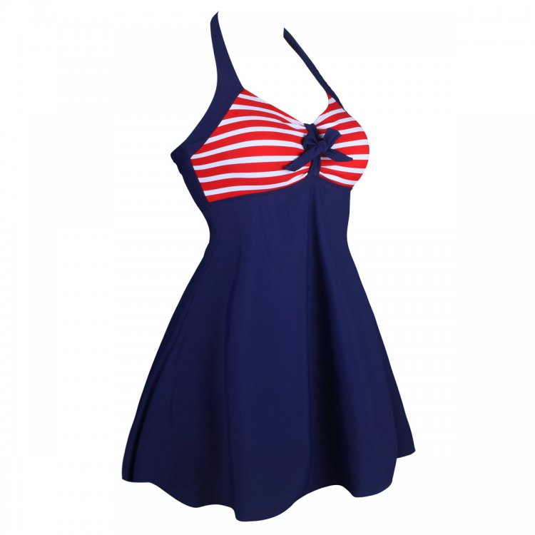 Red White Stripes Black Navy One-piece Swimdress