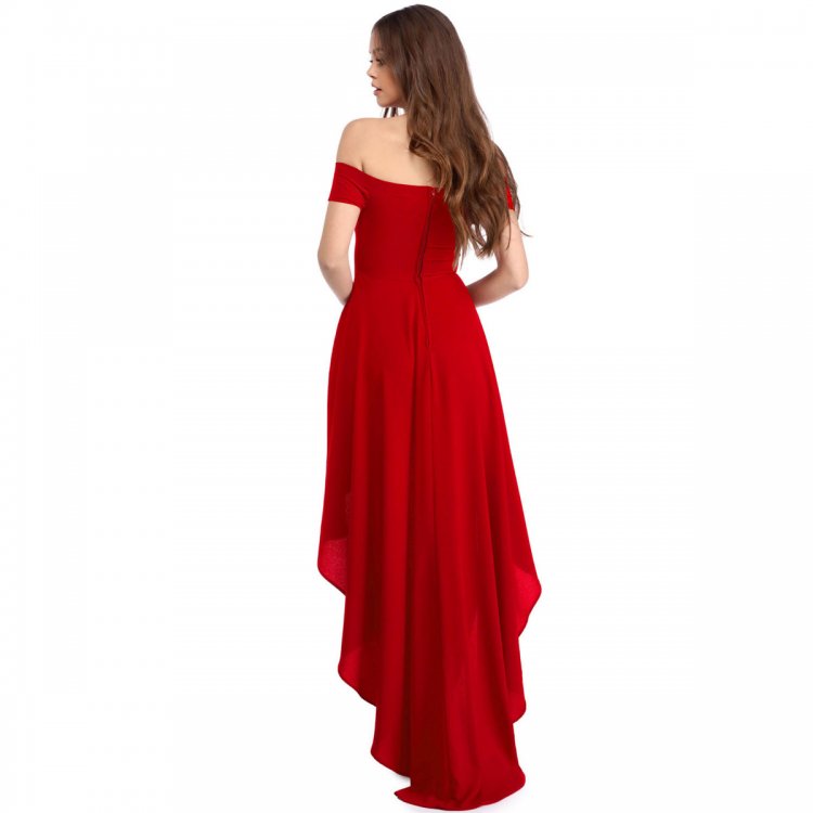 Red High Low Hem Off Shoulder Party Dress