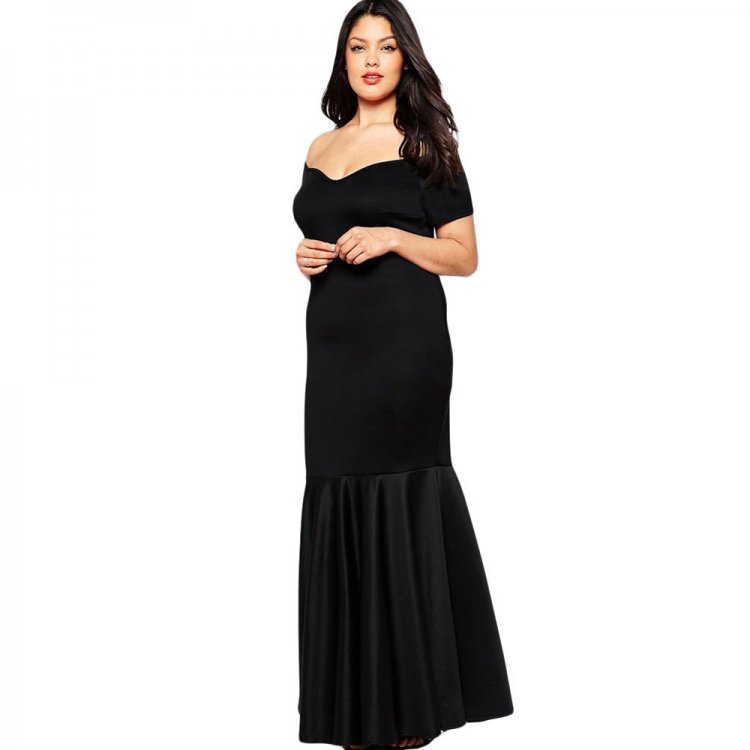 Black Plus Size Off Shoulder Fishtail Maxi Dress