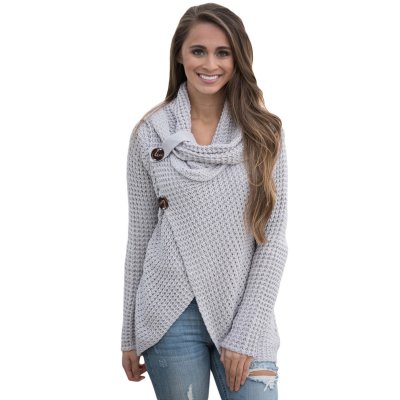 Grey Buttoned Wrap Cowl Neck Sweater