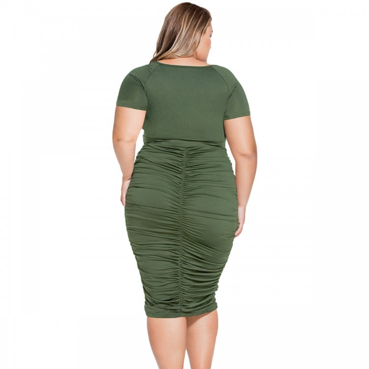 Army Green Pleated Curvaceous Midi Dress
