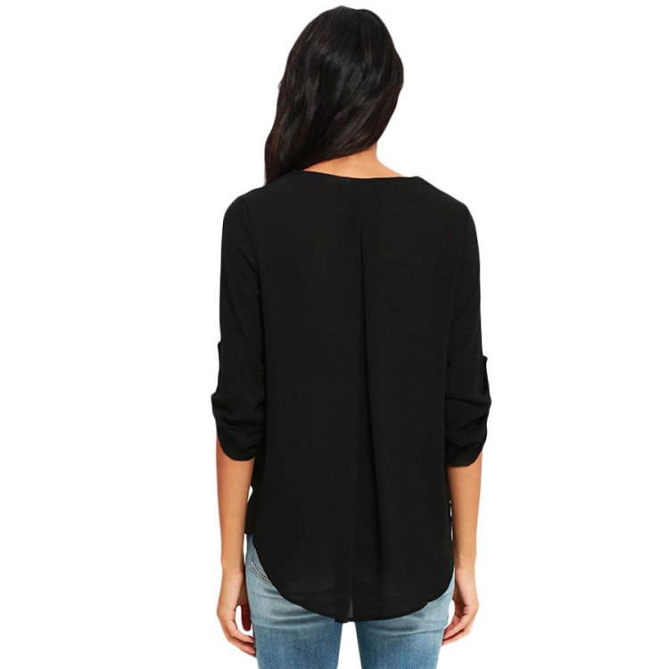 Black V Neck Ruffle Loose Fit Blouse Top