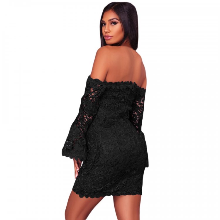Black Crochet Overlay Off The Shoulder Fitted Mini Dress