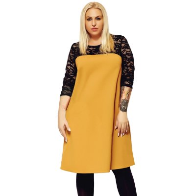 Yellow O Neck Lace Splice Plus Size Dress