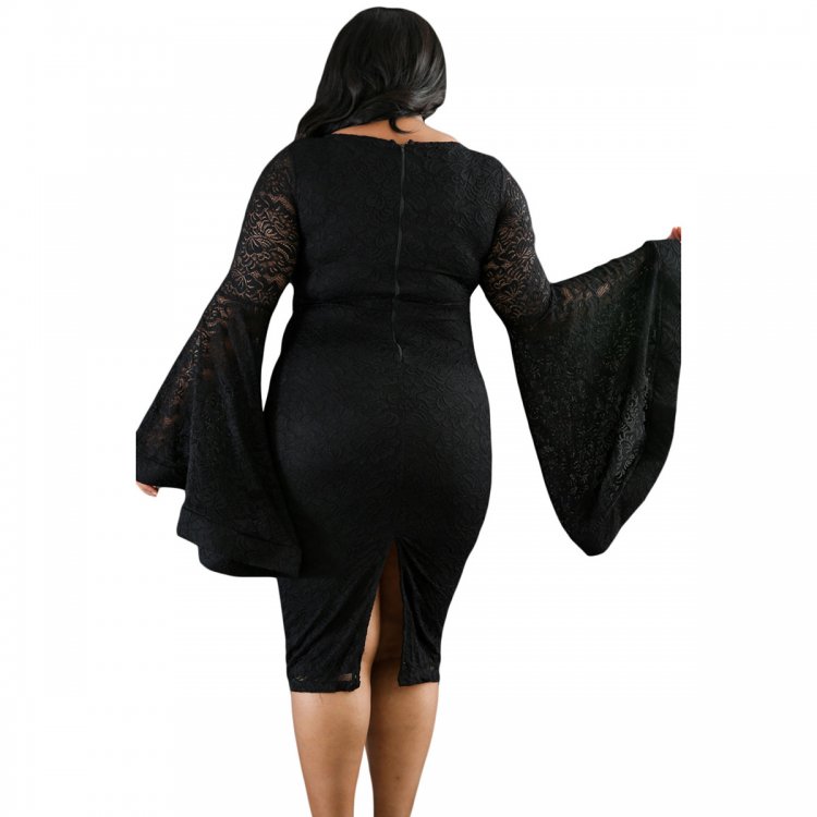 Black Plus Size Bell Sleeves Lace Dress