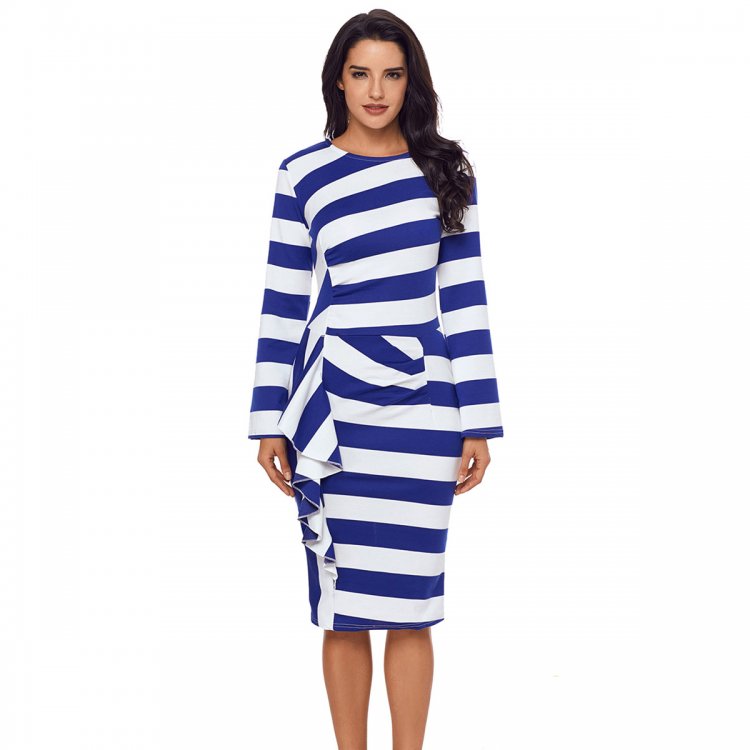 Blue Striped Ruffle Side Back Slit Long Sleeve Midi Dress