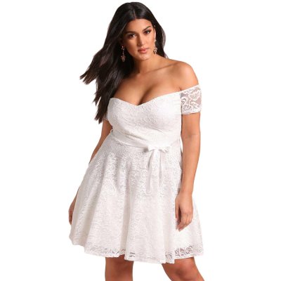 White Plus Size Floral Lace Flared Off Shoulder Dress