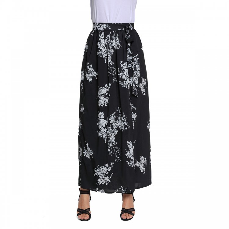 Black White Floral Maxi Skirt with Split