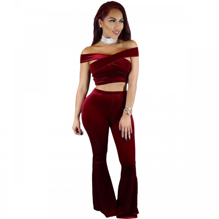 Red Luxury Velvet Crop Top and Flared Pant Set