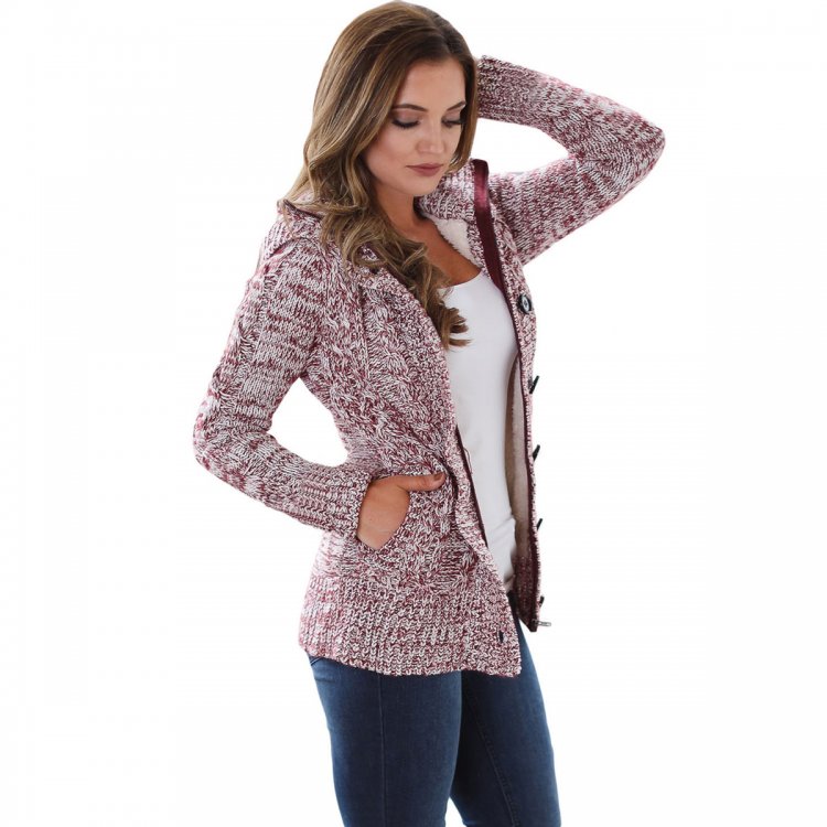 Red Long Sleeve Button-up Hooded Cardigans
