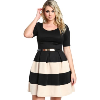 Apricot Stripes Detail Belted Plus Size Skater Dress