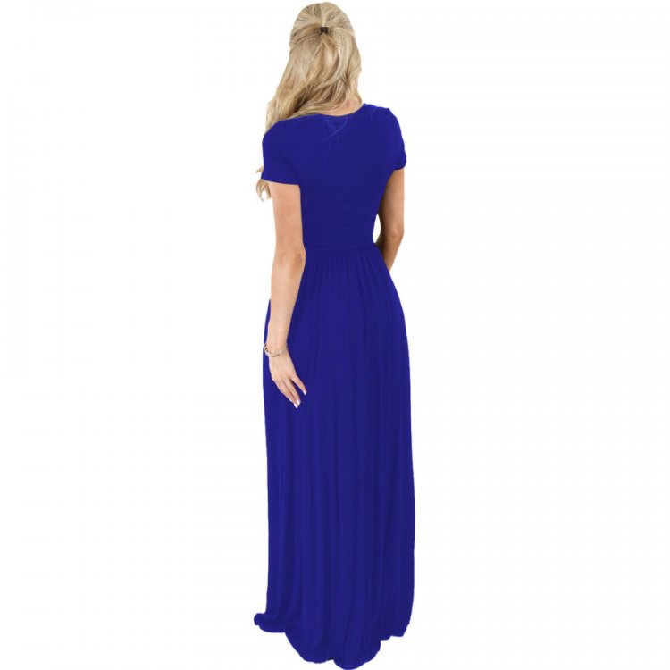Blue Short Sleeve Ruched Waist Maxi Dress