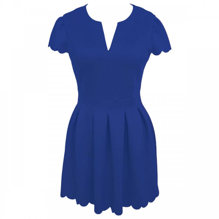 Blue Sweet Scallop Pleated Skater Dress