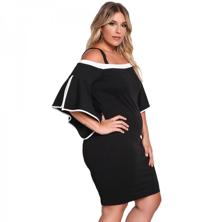 Black Plus Size Cold Shoulder Bell Sleeve Bodycon Dress